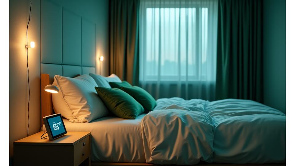 A tranquil, perfectly optimized bedroom with smart lighting and temperature control devices visible