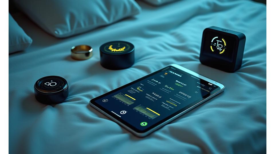 Various sleep tracking devices displayed with digital overlays showing data visualization and AI analysis of sleep patterns