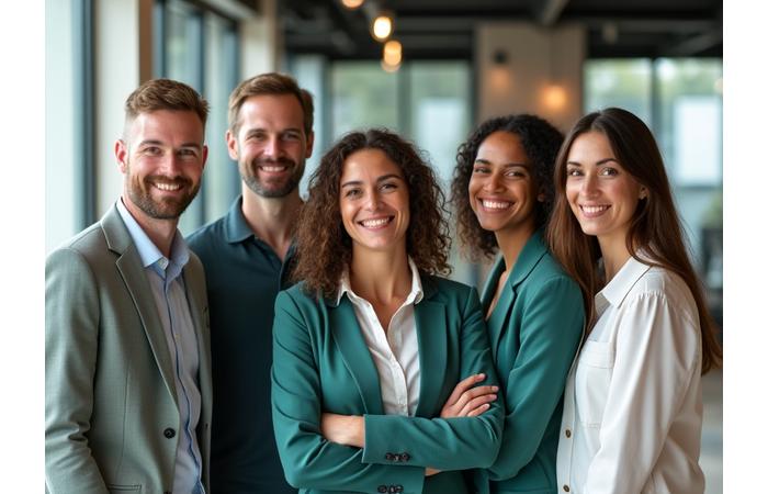 A diverse team of healthcare professionals smiling confidently, symbolizing trustworthiness and expertise.